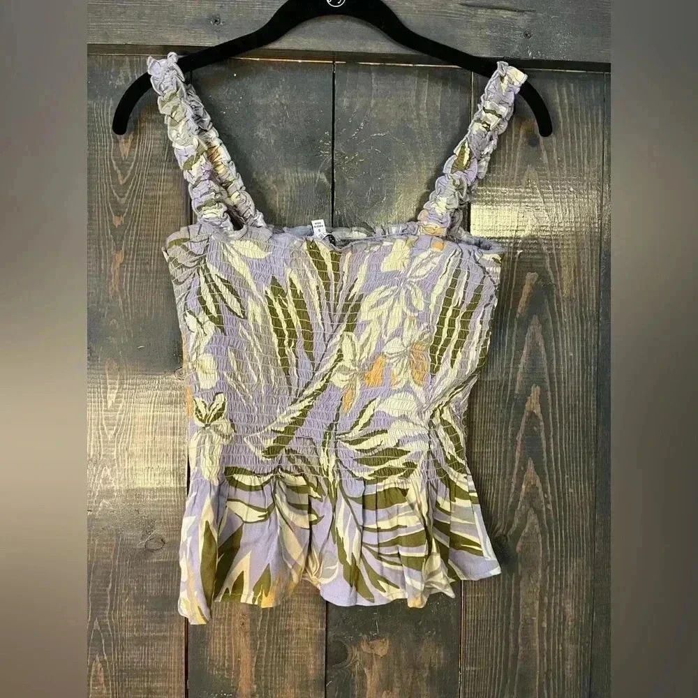 Tropical Palm Print Smocked Tank Top with Ruffle Straps Summer Beach Vacation - Picture 3 of 6